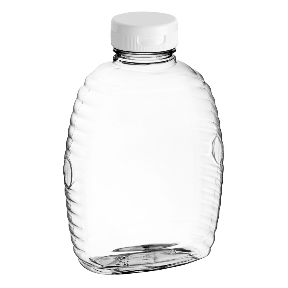16 oz. (24 oz. Honey Weight) Queenline PET Honey Bottle with Pressure Sensitive Liner White Plastic Flip Top Lid - 200/Case