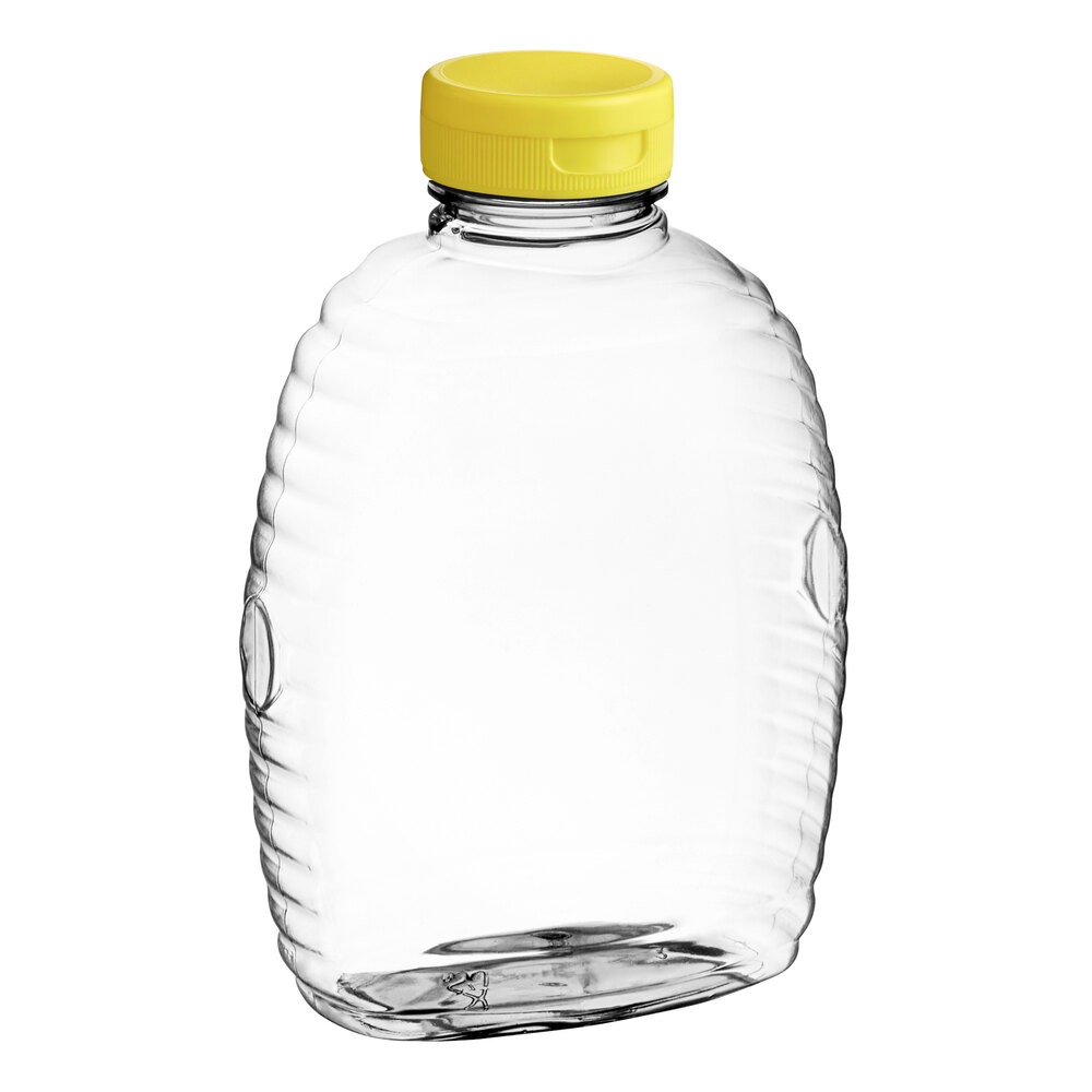 16 oz. (24 oz. Honey Weight) Queenline PET Honey Bottle with Pressure Sensitive Liner Yellow Plastic Flip Top Lid - 200/Case