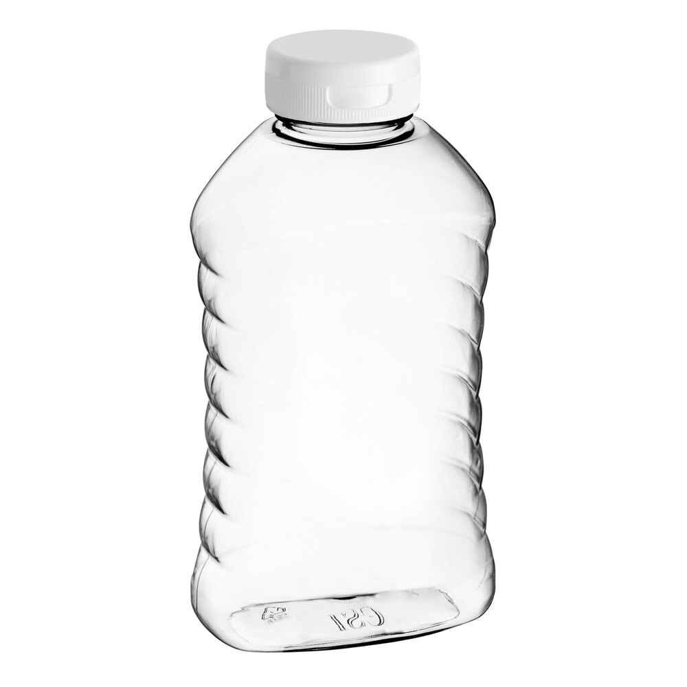 16 oz. (24 oz. Honey Weight) Ribbed Hourglass PET Honey Bottle with Pressure Sensitive Liner White Plastic Flip Top Lid - 190/Case