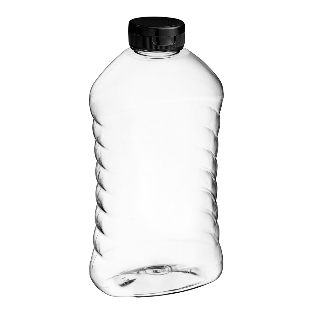 27 oz. (40 oz. Honey Weight) Ribbed Hourglass PET Honey Bottle with Pressure Sensitive Liner Black Plastic Flip Top Lid - 135/Case