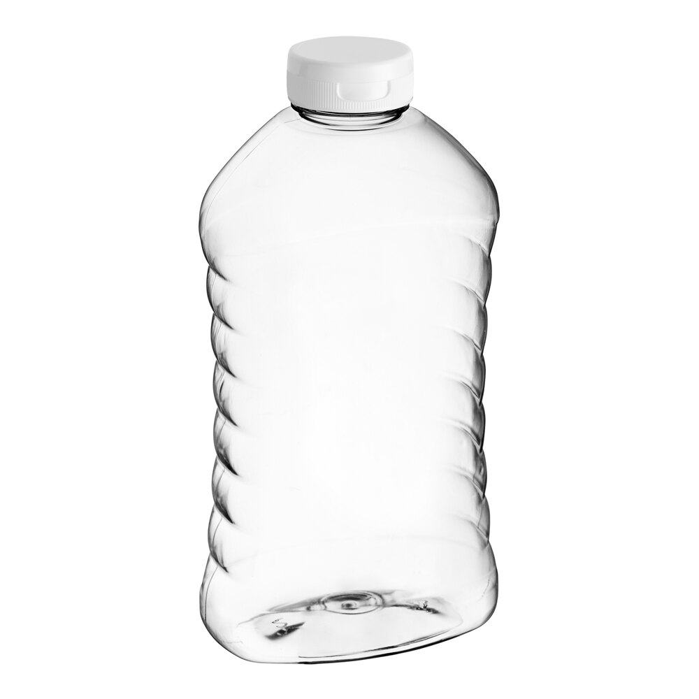 27 oz. (40 oz. Honey Weight) Ribbed Hourglass PET Honey Bottle with Pressure Sensitive Liner White Plastic Flip Top Lid - 135/Case