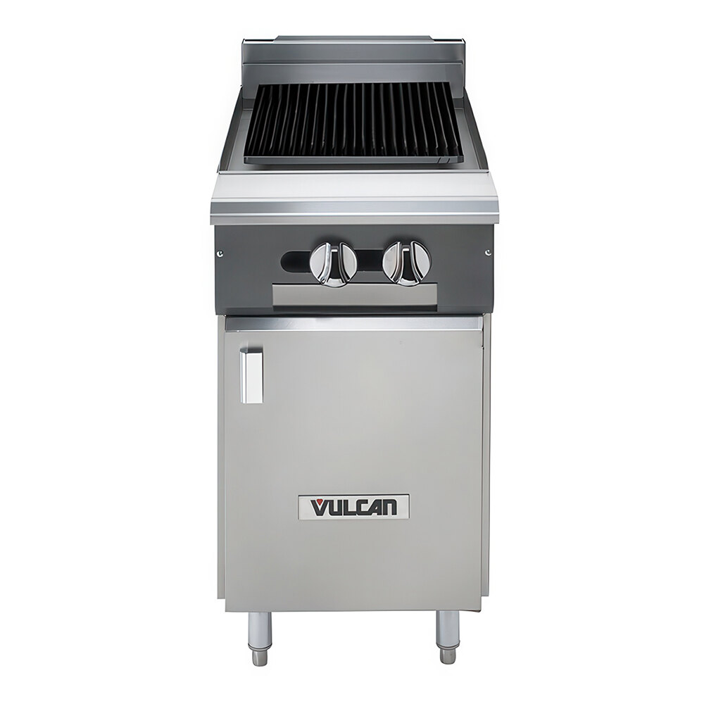 Vulcan VCBB18B-NAT V Series Natural Gas 18" Radiant Gas Floor Model Charbroiler with Cabinet Base - 49,000 BTU