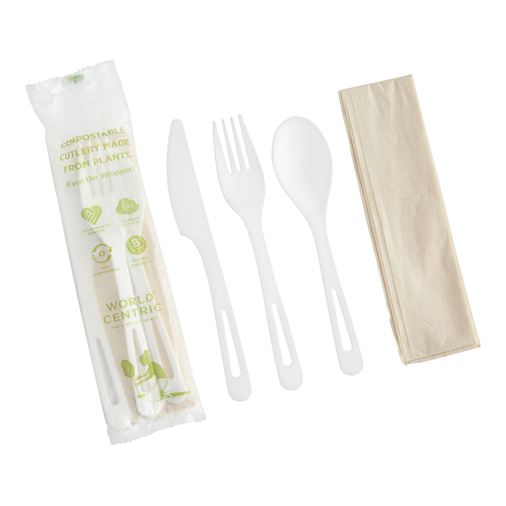 World Centric 6" Wrapped Compostable TPLA Assorted Cutlery with Napkin - 250/Case