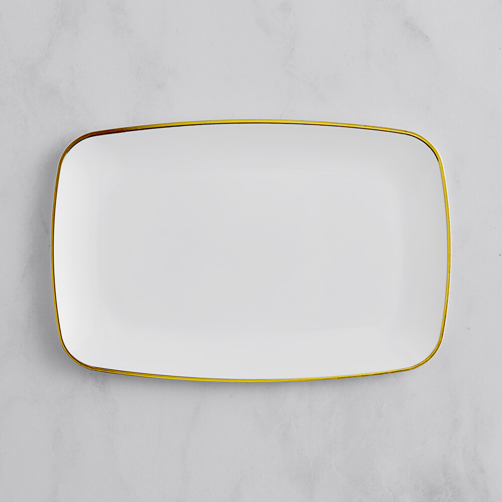 Visions Coupe Dynasty 9 1/2" x 6 1/4" White Rectangular Plastic Platter with Gold Band - 120/Case