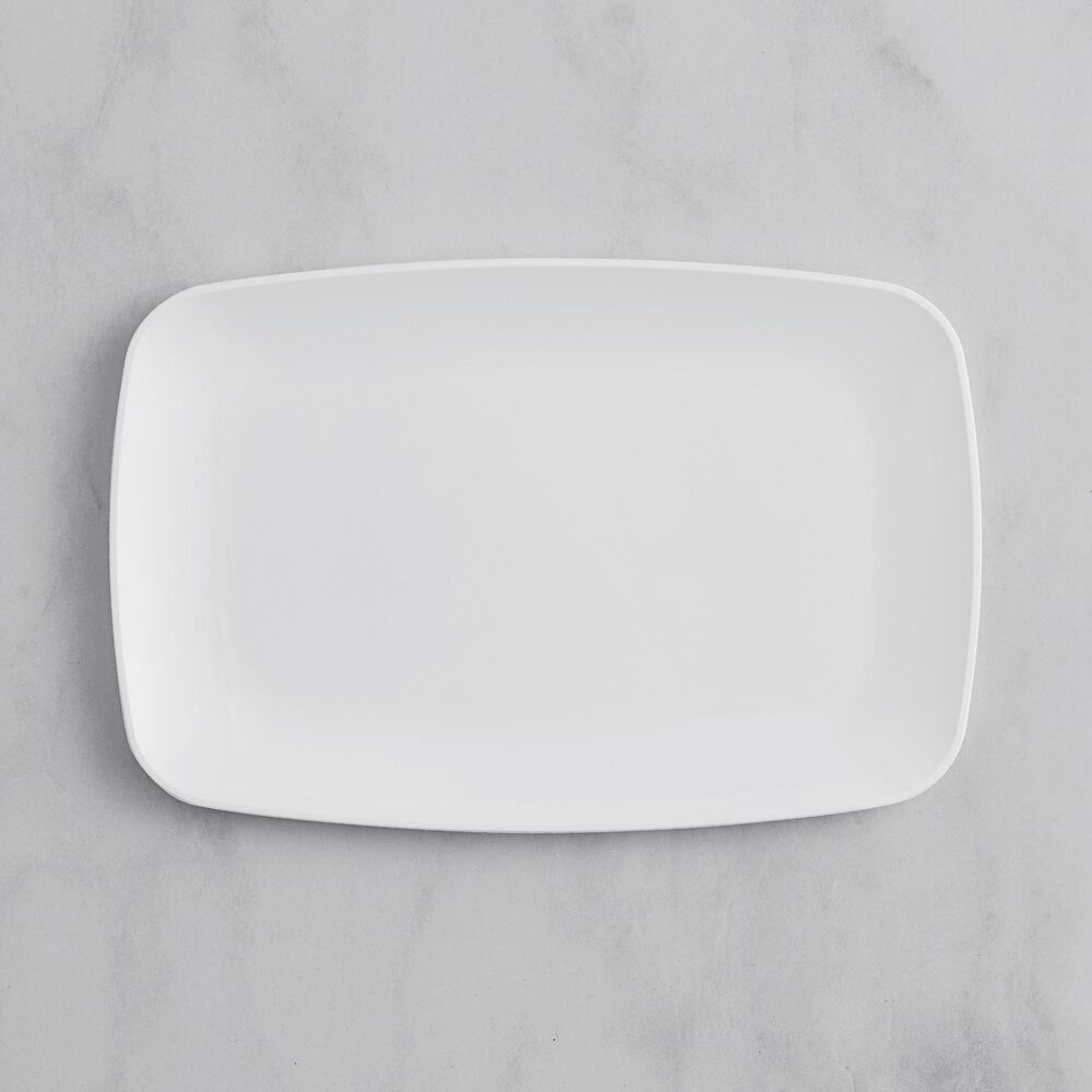 Visions Coupe Dynasty 9 1/2" x 6 1/4" White Rectangular Plastic Platter with Silver Band - 10/Sample