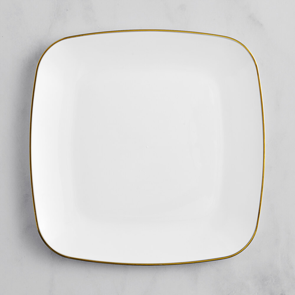 Visions Coupe Dynasty 10" White Square Plastic Plate with Gold Band - 120/Case