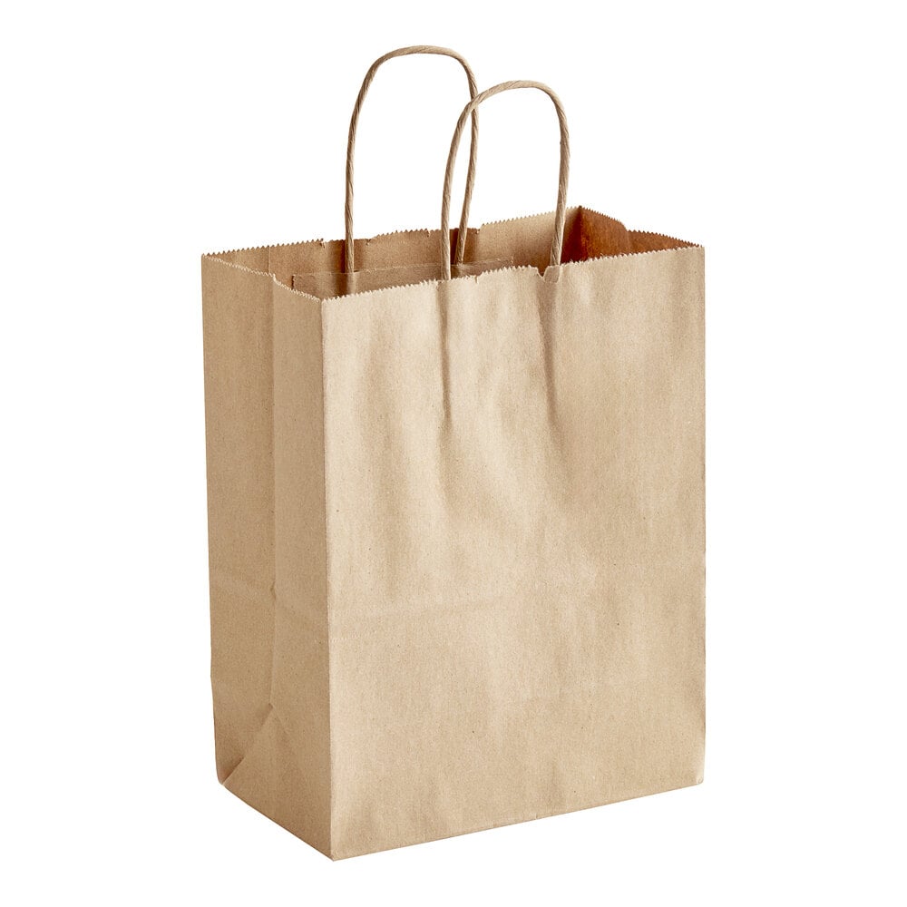 Duro Tempo 8" x 4 1/2" x 10 1/4" Natural Kraft Shopping Bag with Handles - 250/Bundle