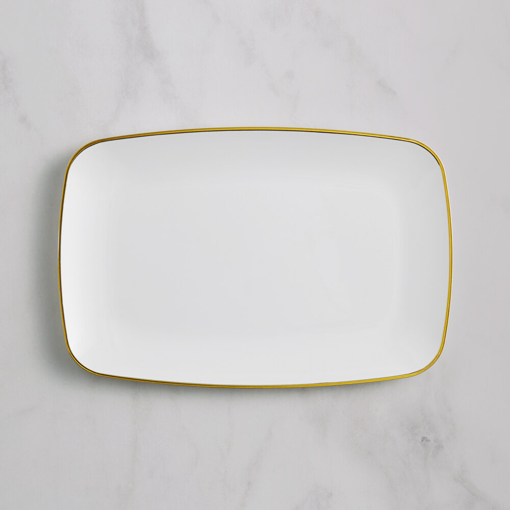 Visions Coupe Dynasty 12 3/4" x 8 1/4" White Rectangular Plastic Platter with Gold Band - 120/Case