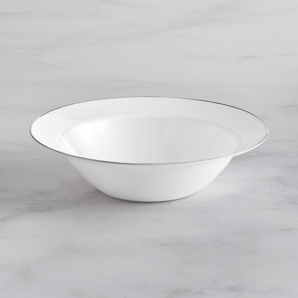 Visions Coupe Dynasty 10 oz. White Round Plastic Bowl with Silver Band - 150/Case