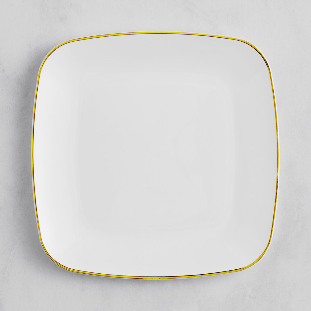 Visions Coupe Dynasty 6" White Square Plastic Plate with Gold Band - 10/Sample