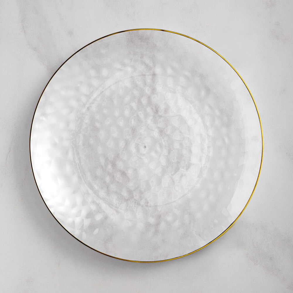 Visions Coupe Dynasty Hammered 10" Clear Round Plastic Plate with Gold Band - 12/Sample