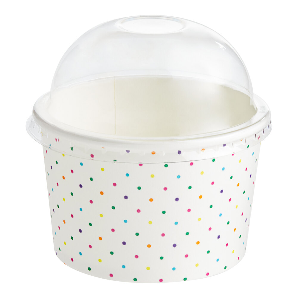 Choice 8 oz. Polka Dot Paper Frozen Yogurt / Food Cup with Dome Lid - 50/Case