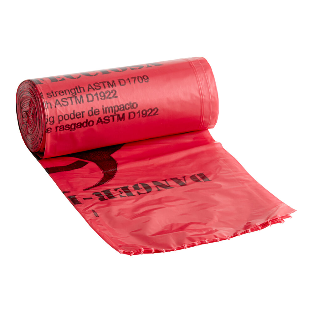 10 Gallon 1.2 Mil 24" x 24" Linear Low-Density Red Isolation Infectious Waste Bag / Biohazard Bag - 250/Case