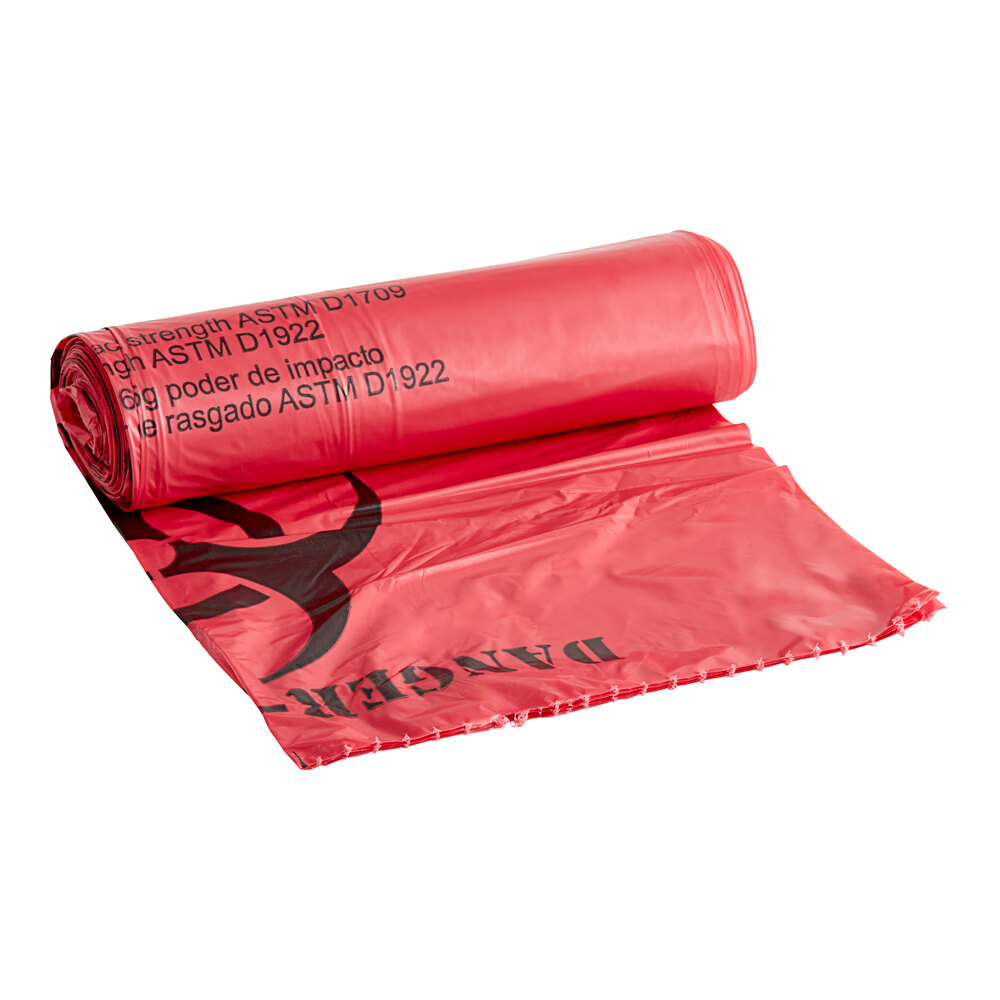 33 Gallon 1.2 Mil 33" x 40" Linear Low-Density Red Isolation Infectious Waste Bag / Biohazard Bag - 100/Case