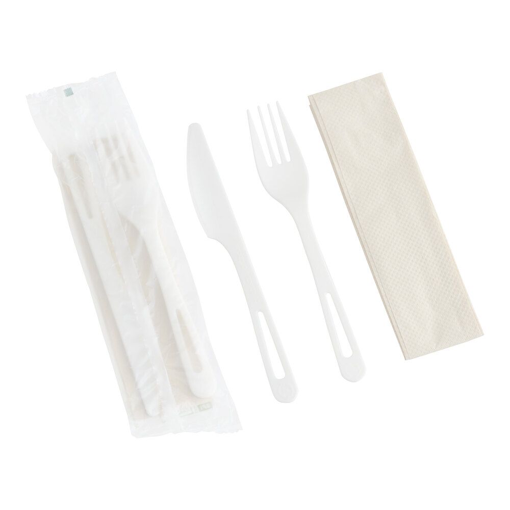 World Centric 6" Wrapped Compostable TPLA Fork and Knife Cutlery Pack with Napkin - 500/Case