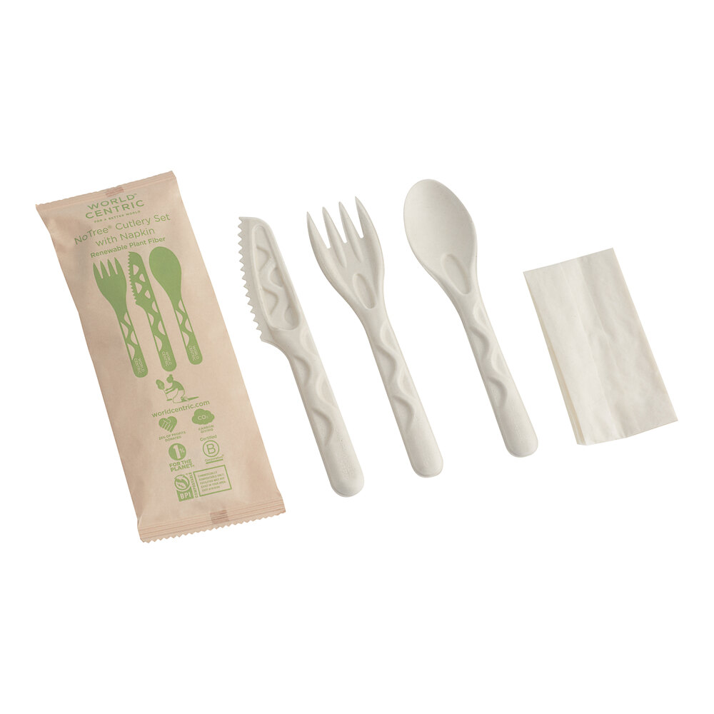 World Centric 6" Wrapped Compostable Fiber Assorted Cutlery with Napkin - 250/Case