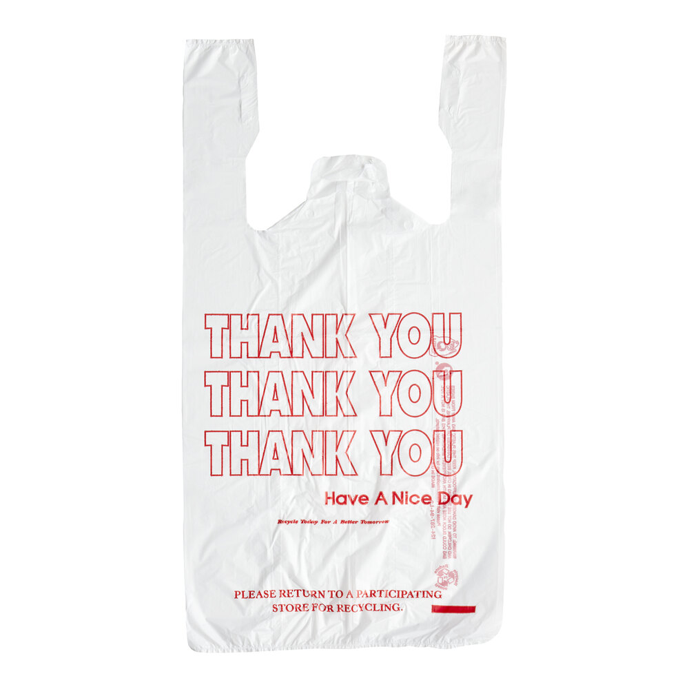 Inteplast 1/6 Standard Size 0.5 Mil White "Thank You" Standard-Duty Plastic T-Shirt Bag - 700/Case
