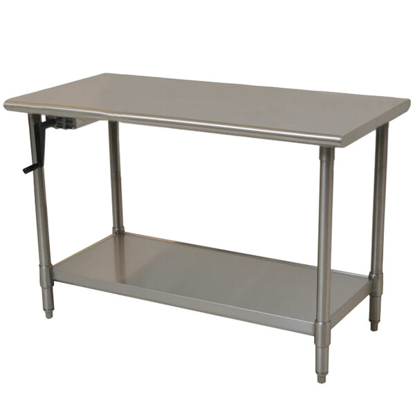 Eagle Group T2448SE-BS-HA 14 Gauge Type 304 Stainless Steel Adjustable Height ADA / Ergonomic Work Table with Backsplash and Undershelf - 24" x 48" - Left Crank Case