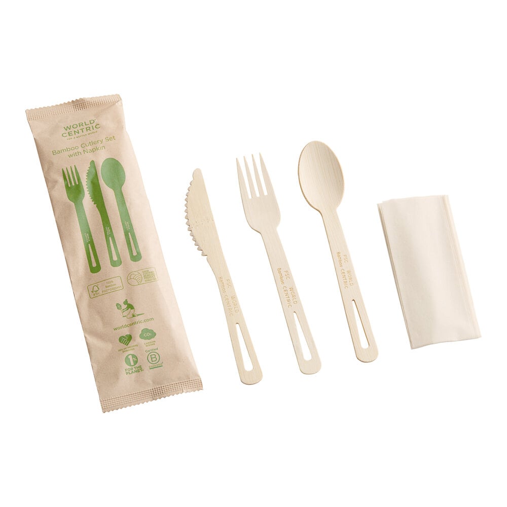 World Centric 6 11/16" Wrapped Compostable Bamboo Assorted Cutlery with Napkin - 250/Case