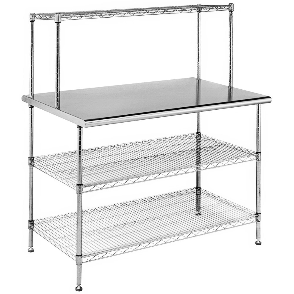 Eagle Group T2448EBW-1 24" x 48" Stainless Steel Table with 2 Chrome Wire Undershelves and 1 Chrome Wire Overshelf