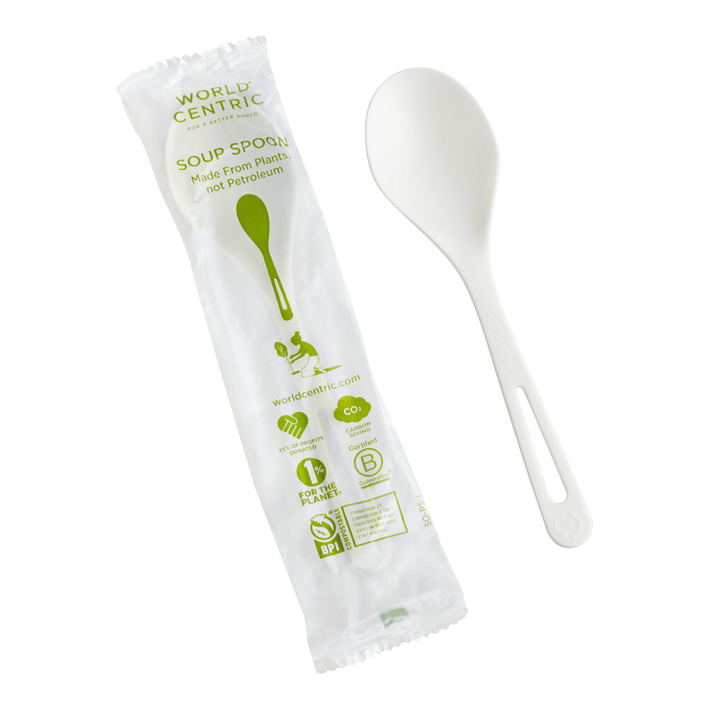 World Centric 6" Wrapped Compostable TPLA Soup Spoon - 750/Case