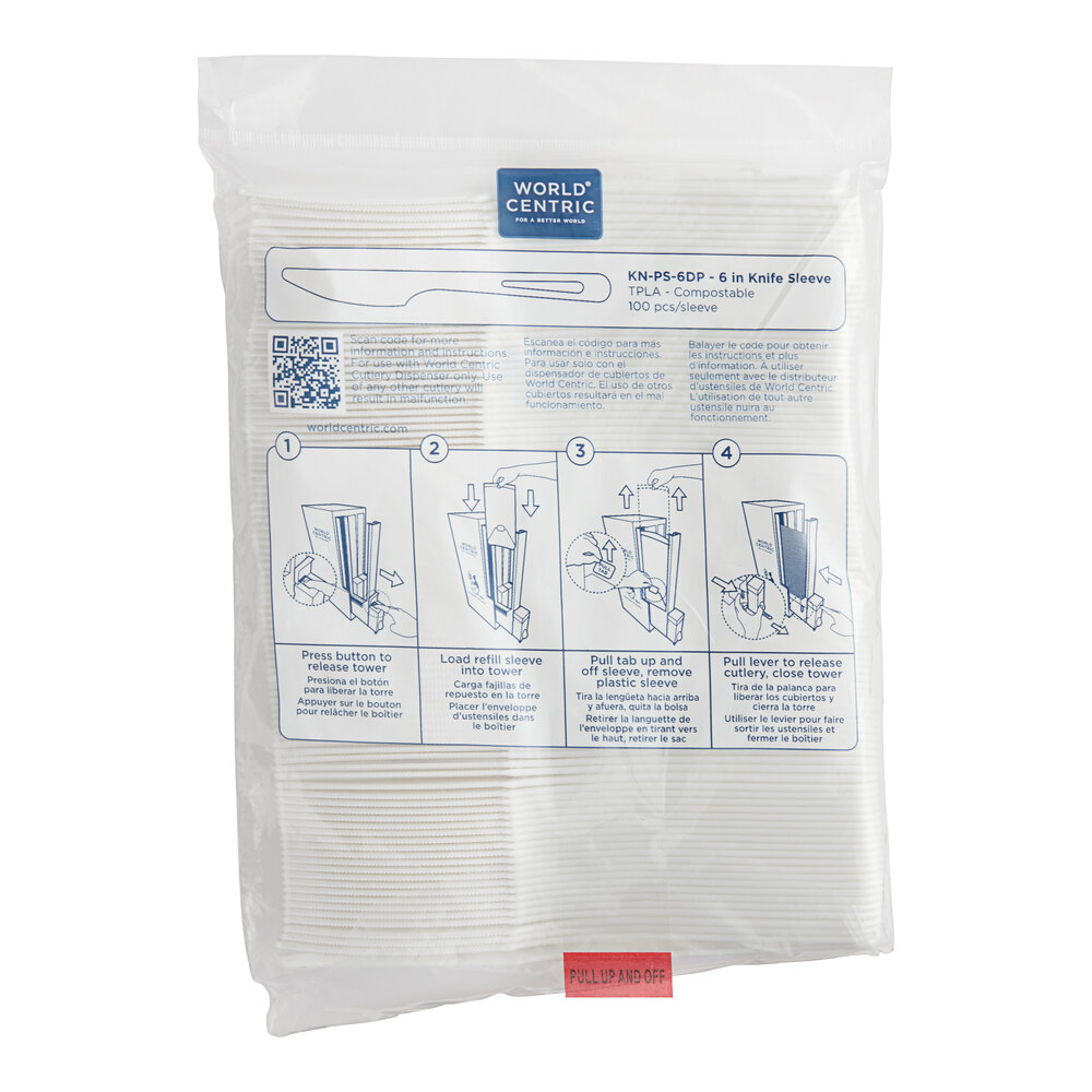 World Centric PLA Knife Refill Sleeve for World Centric Touchless Cutlery Dispenser - 1,000/Case