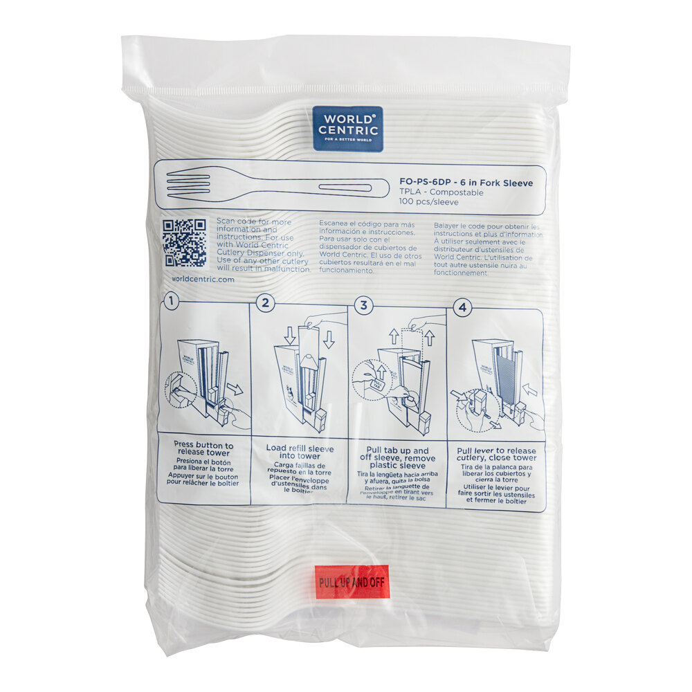 World Centric PLA Fork Refill Sleeve for World Centric Touchless Cutlery Dispenser - 1,000/Case