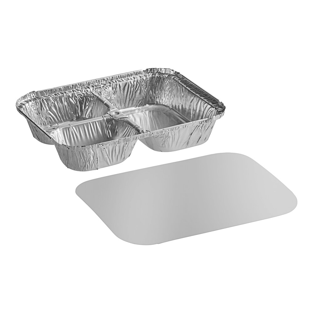 Western Plastics 8 1/2" x 6 3/8" 3-Compartment Oblong Foil Tray with Board Lid - 250/Case