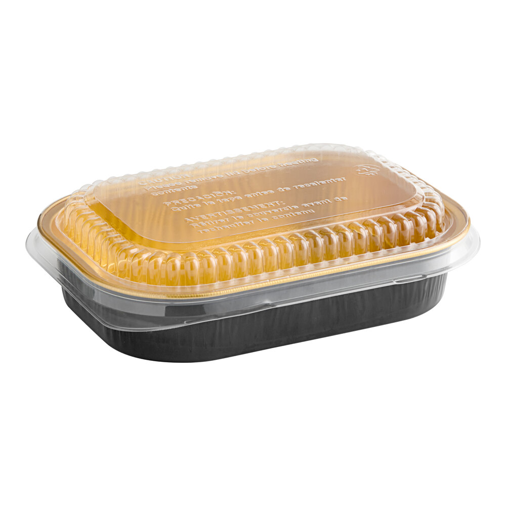 Durable Packaging 9220-PT-100 Smoothwall Black Diamond and Gold Mini Foil Entree / Take-Out Pan with Dome Lid 16 oz. - 100/Case