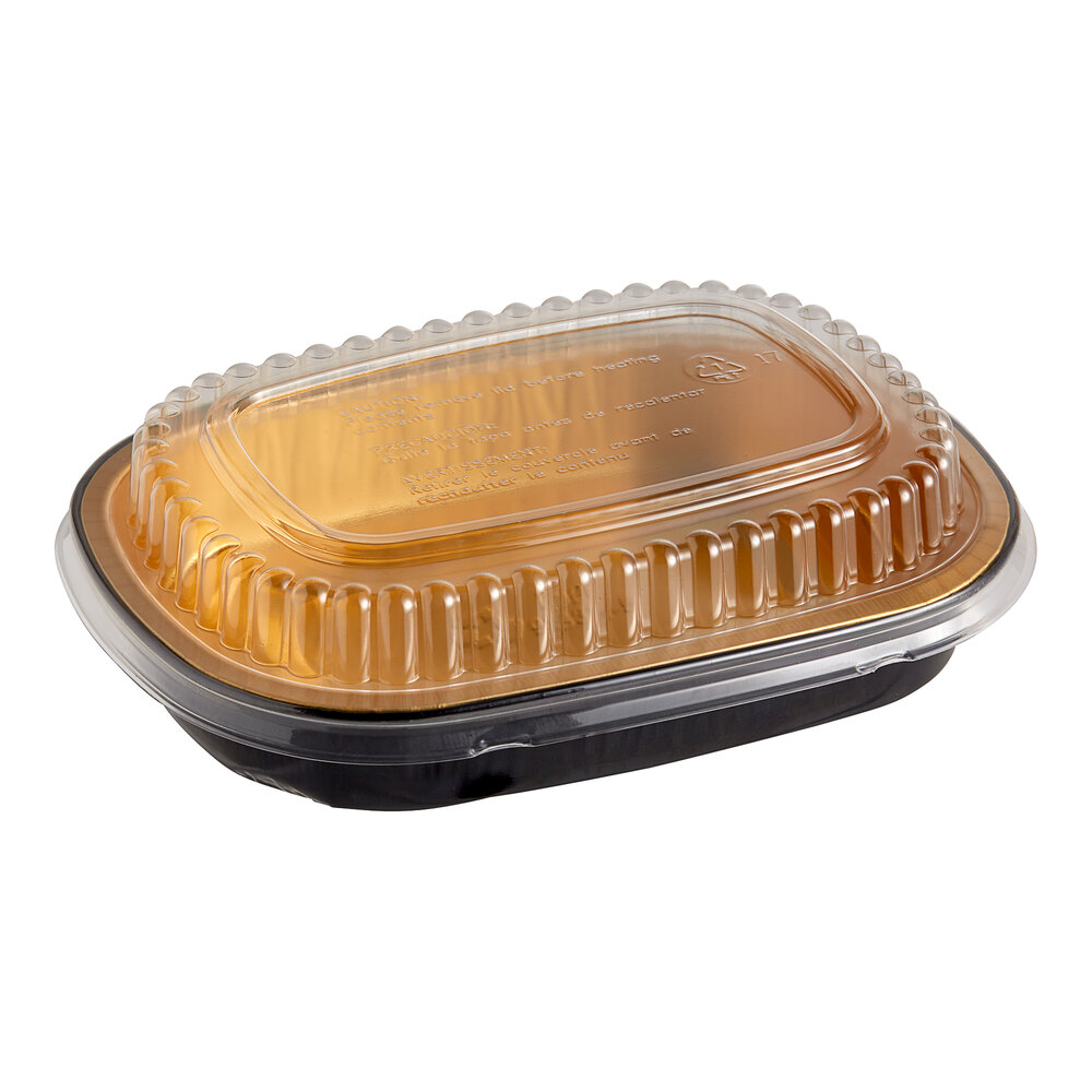 Durable Packaging 9331-PT-100 Smoothwall Black and Gold Black Diamond Small Foil Entree / Take-Out Pan with Dome Lid 23.3 oz. - 100/Case