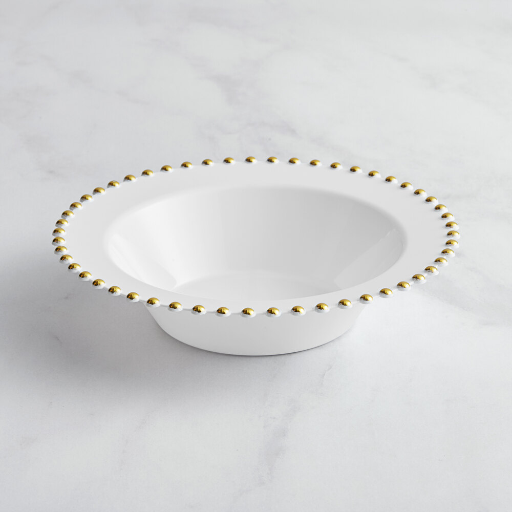 Visions Beaded 14 oz. White Round Plastic Bowl with Gold Beaded Rim - 120/Case
