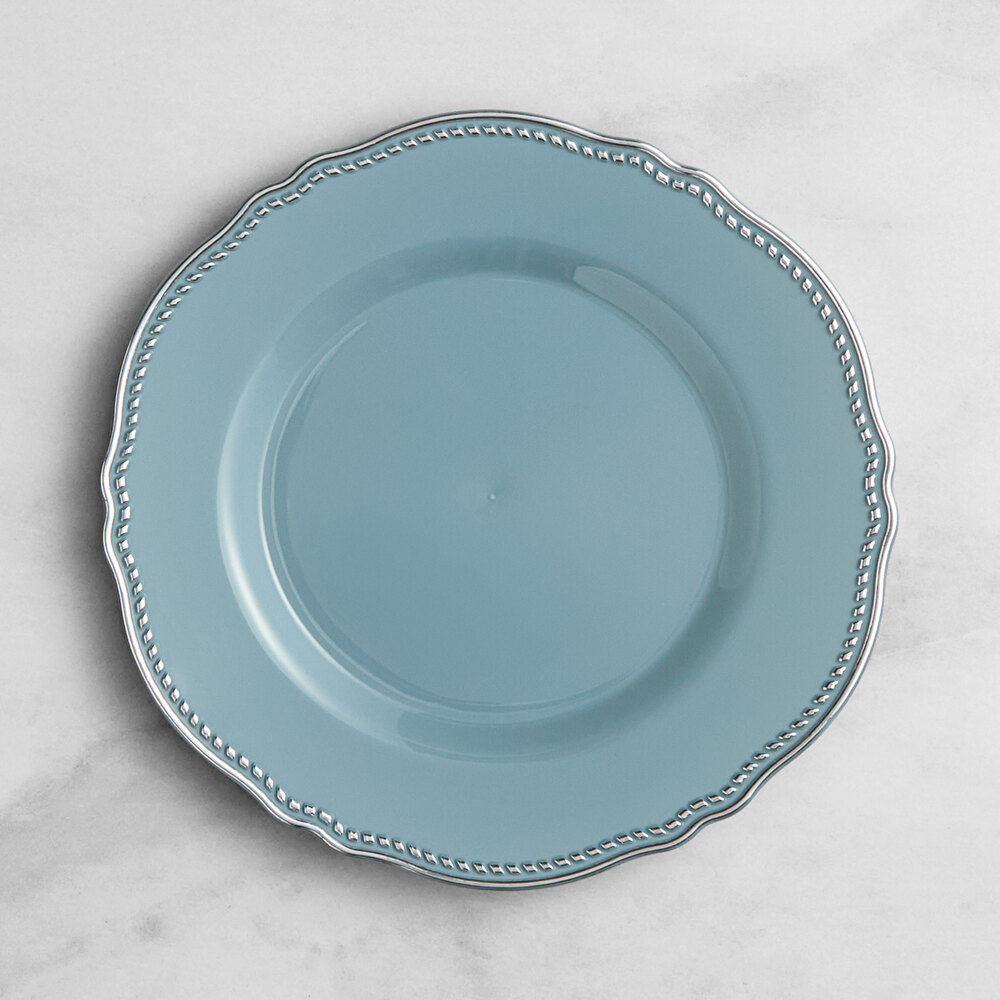 Visions Heirloom 7 1/2" Steel Blue Round Plastic Plate with Silver Vintage Rim - 12/Sample