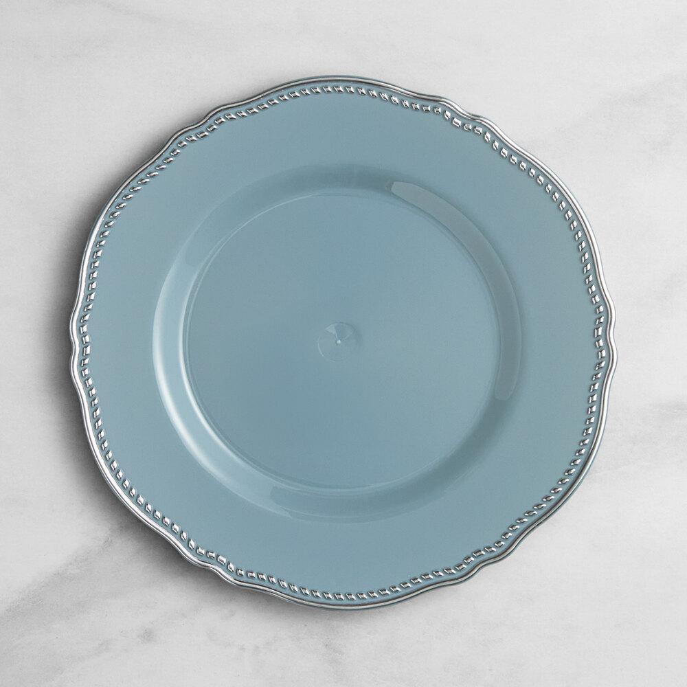 Visions Heirloom 9" Steel Blue Round Plastic Plate with Silver Vintage Rim - 12/Sample