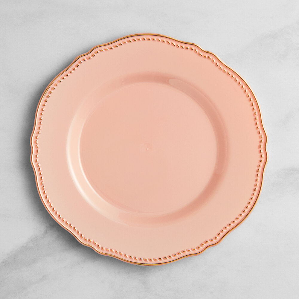 Visions Heirloom 9" Blush Round Plastic Plate with Gold Vintage Rim - 12/Sample