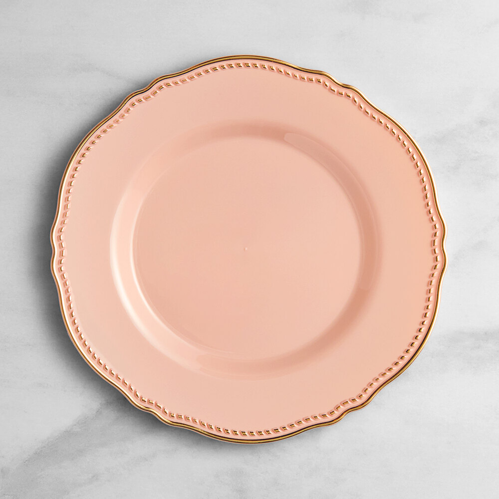 Visions Heirloom 10" Blush Round Plastic Plate with Gold Vintage Rim - 12/Sample