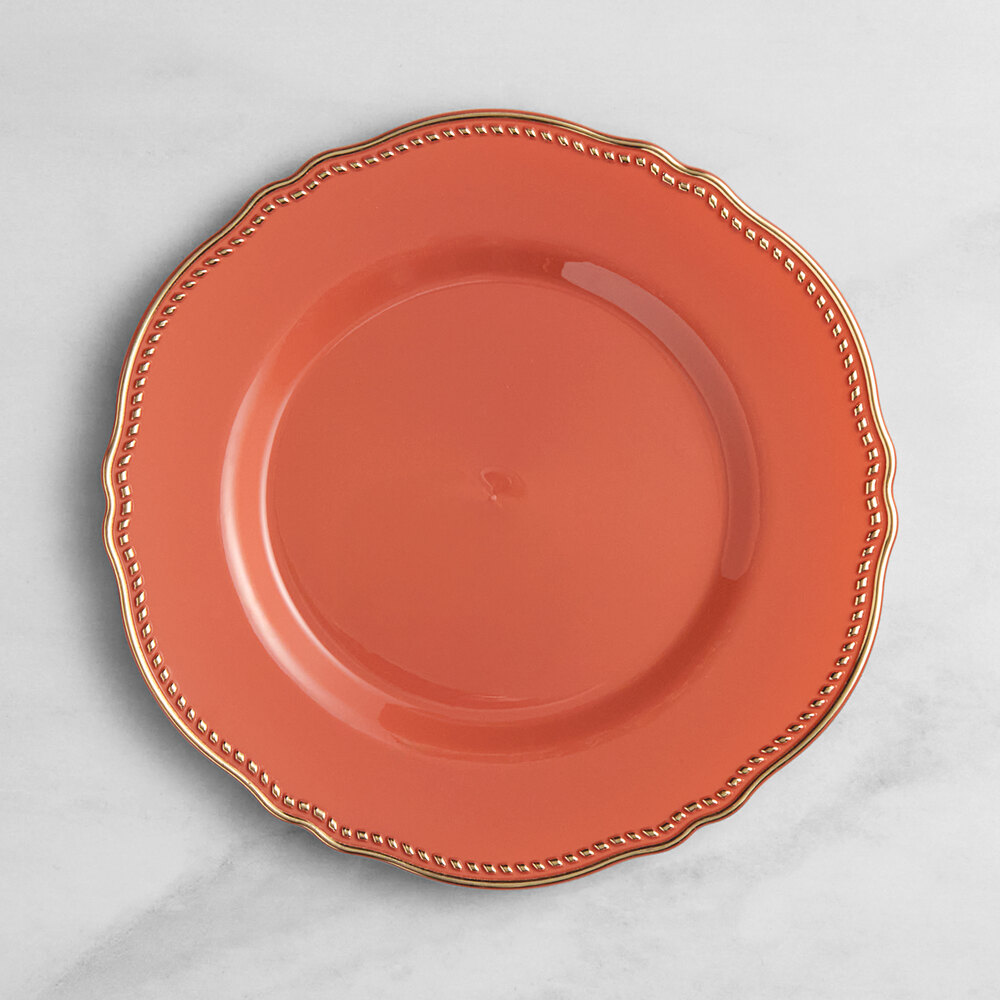 Visions Heirloom 9" Terra Cotta Round Plastic Plate with Gold Vintage Rim - 120/Case