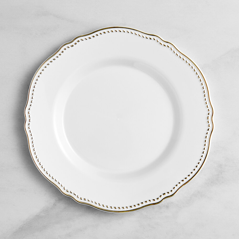 Visions Heirloom 9" White Round Plastic Plate with Gold Vintage Rim - 120/Case