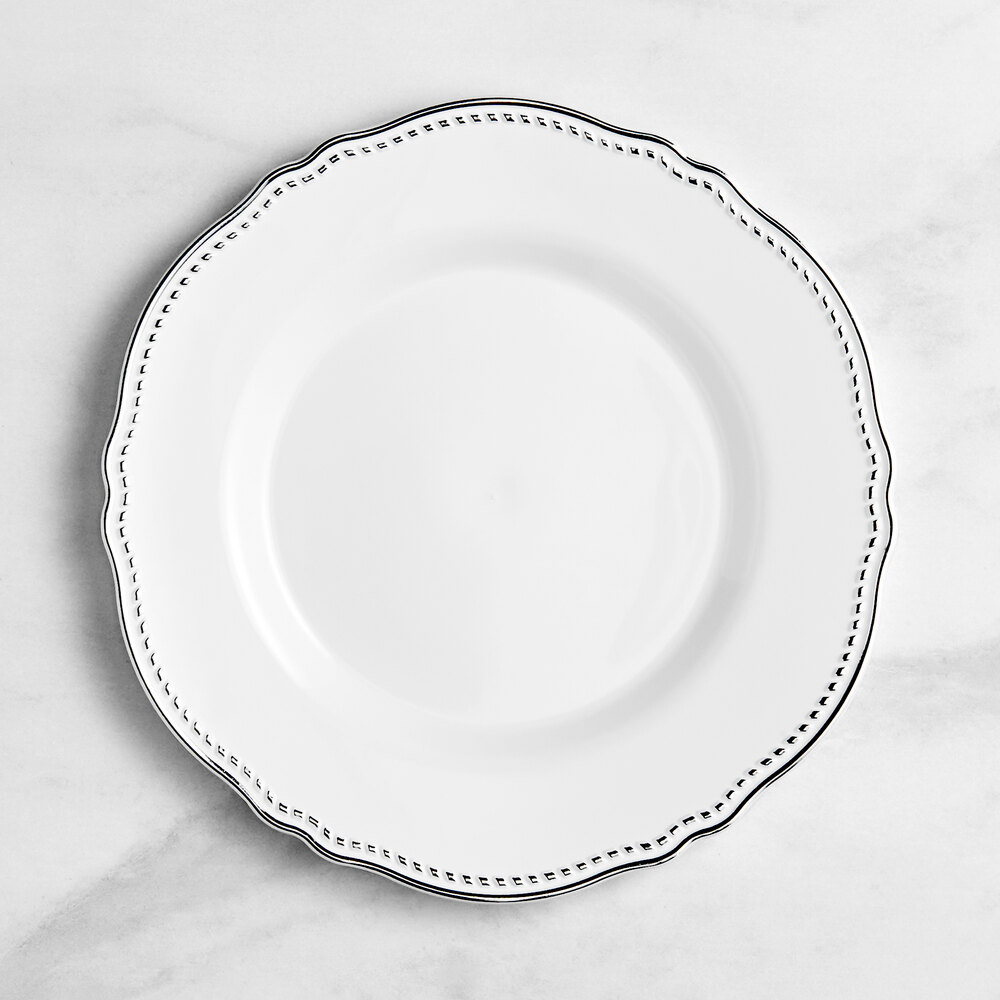 Visions Heirloom 10" White Round Plastic Plate with Silver Vintage Rim - 120/Case