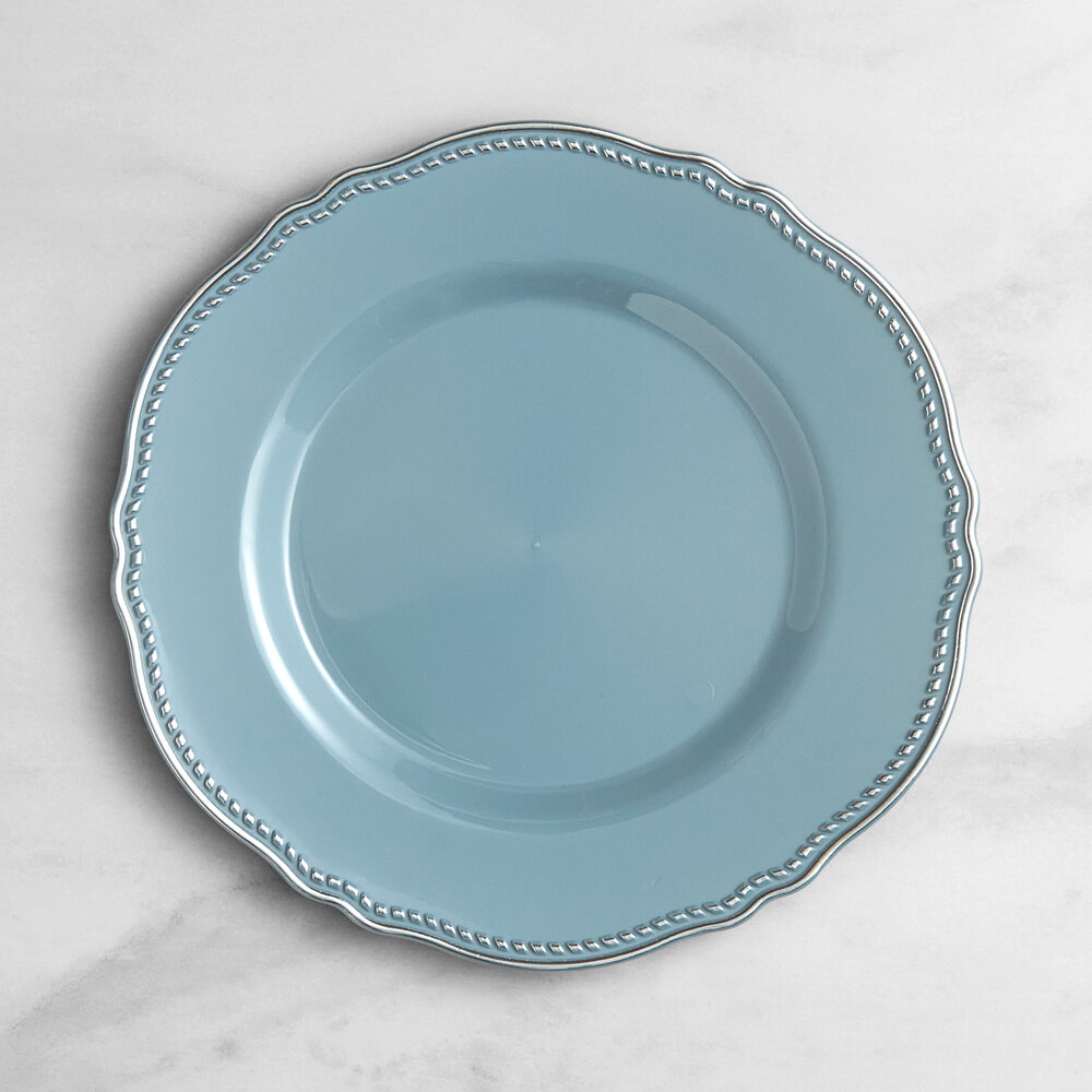 Visions Heirloom 10" Steel Blue Round Plastic Plate with Silver Vintage Rim - 120/Case