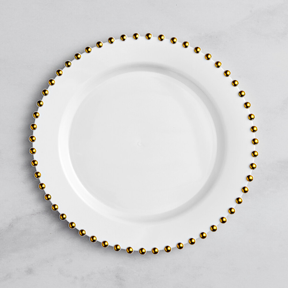 Visions Beaded 7 1/2" White Round Plastic Plate with Gold Beaded Rim - 120/Case
