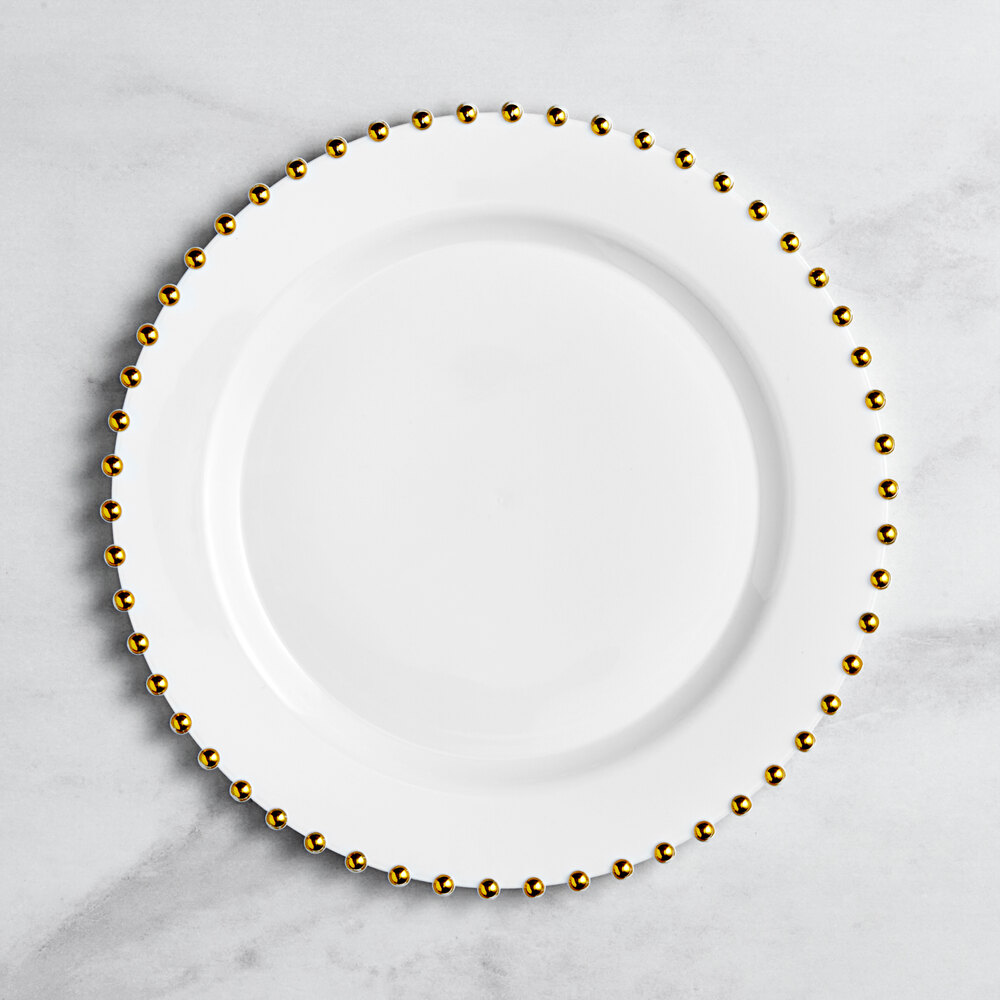 Visions Beaded 10" White Round Plastic Plate with Gold Beaded Rim - 120/Case
