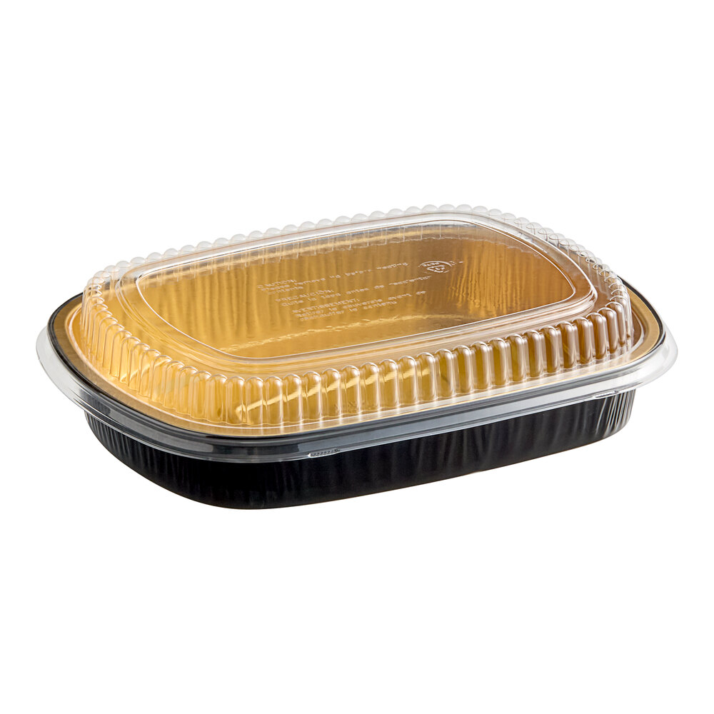Durable Packaging 9553-PT-50 Smoothwall Black and Gold Black Diamond Large Foil Entree / Take-Out Pan with Dome Lid 65.6 oz. - 50/Case