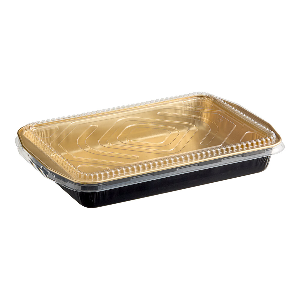 Durable Packaging 9664-PT-25 Smoothwall Black Diamond and Gold Extra Large Foil Entree / Take-Out Pan with Dome Lid 108 oz. - 25/Case