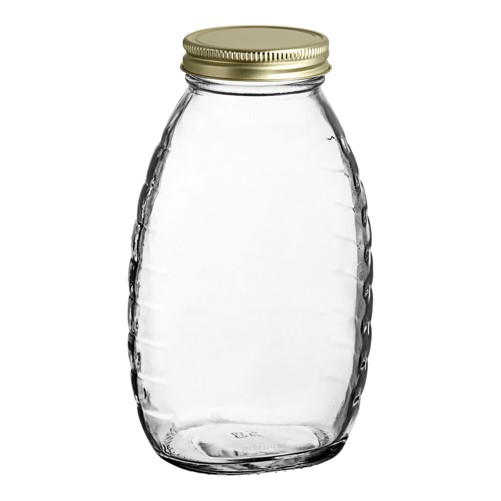 12 oz. (16 oz. Honey Weight) Classic Queenline Glass Honey Jar with Plastisol-Lined Gold Metal Lid - 96/Case