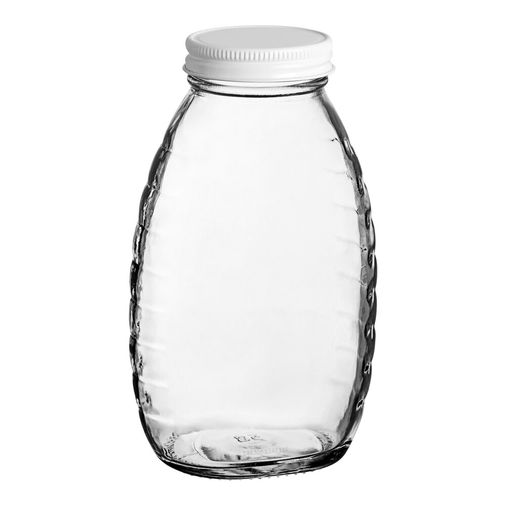 12 oz. (16 oz. Honey Weight) Classic Queenline Glass Honey Jar with Plastisol-Lined White Metal Lid - 96/Case