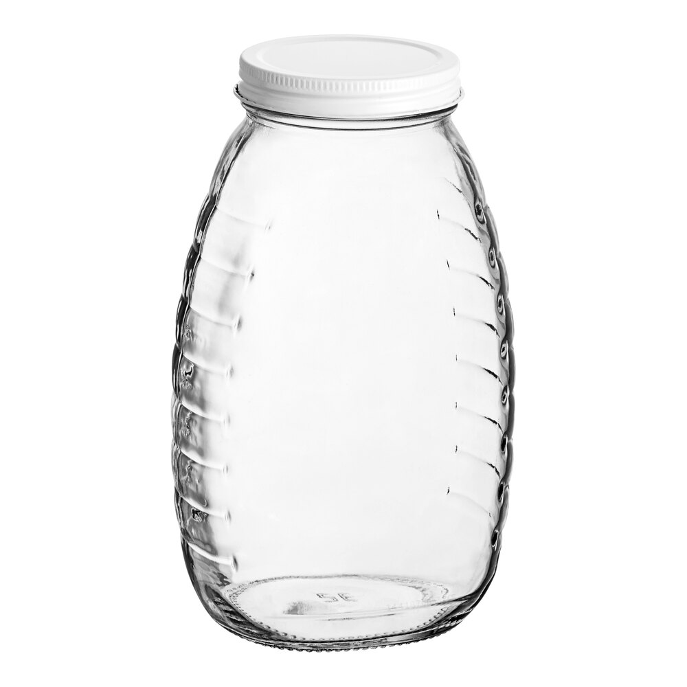 24 oz. (32 oz. Honey Weight) Classic Queenline Glass Honey Jar with Plastisol-Lined White Metal Lid - 96/Case
