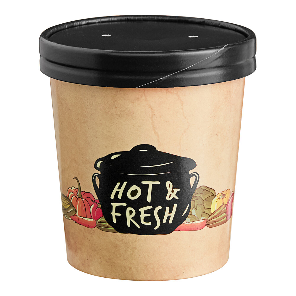 Choice 16 oz. Medley Double Poly-Coated Paper Soup / Hot Food Cup with Vented Paper Lid - 25/Pack