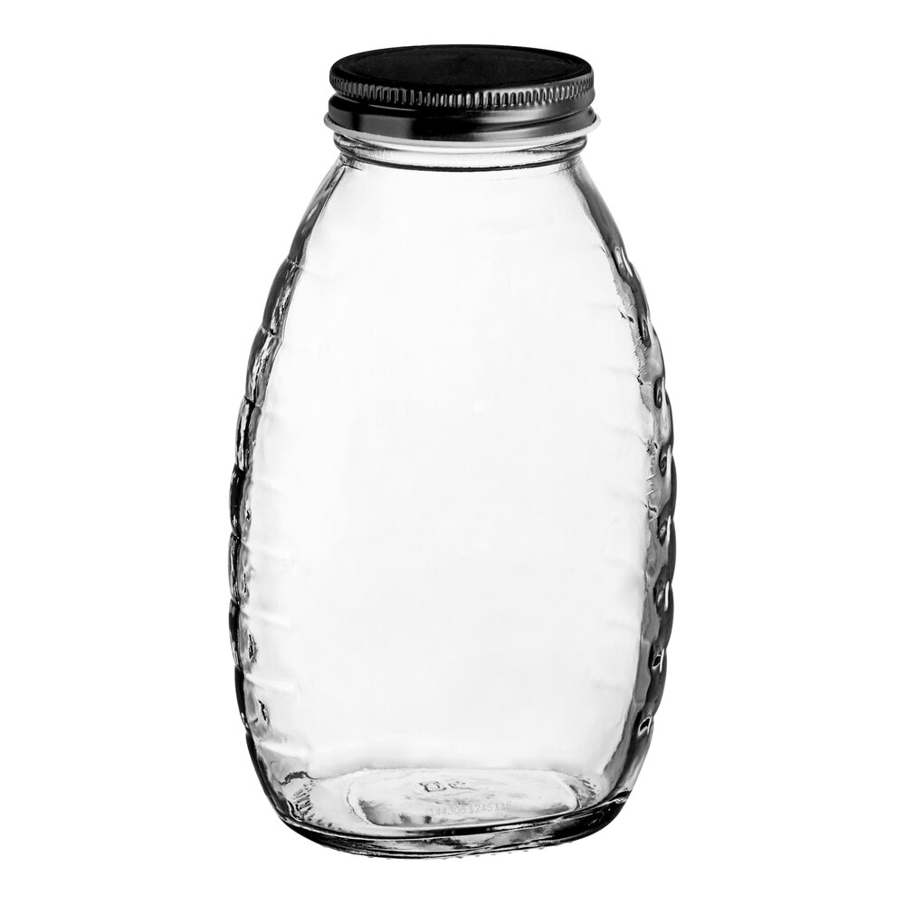 12 oz. (16 oz. Honey Weight) Classic Queenline Glass Honey Jar with Plastisol-Lined Black Metal Lid - 96/Case