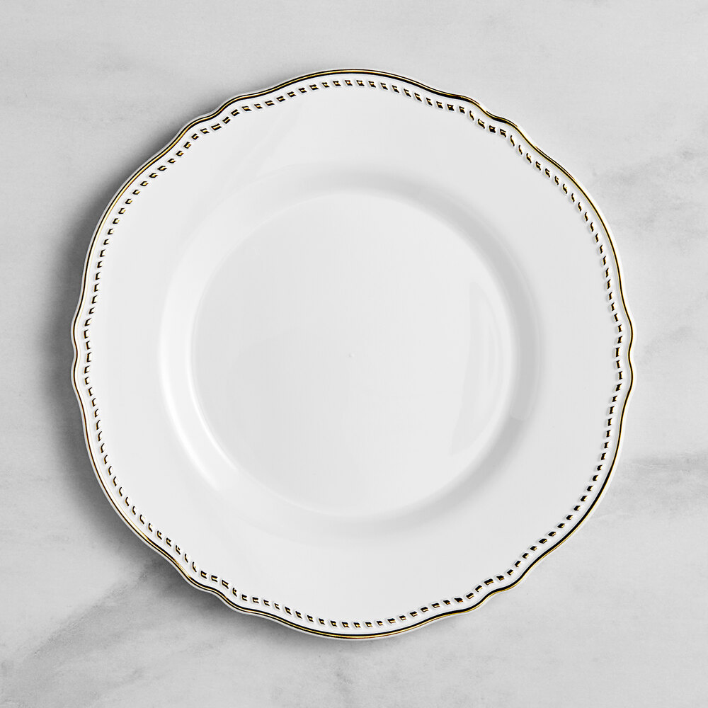 Visions Heirloom 10" White Round Plastic Plate with Gold Vintage Rim - 12/Sample