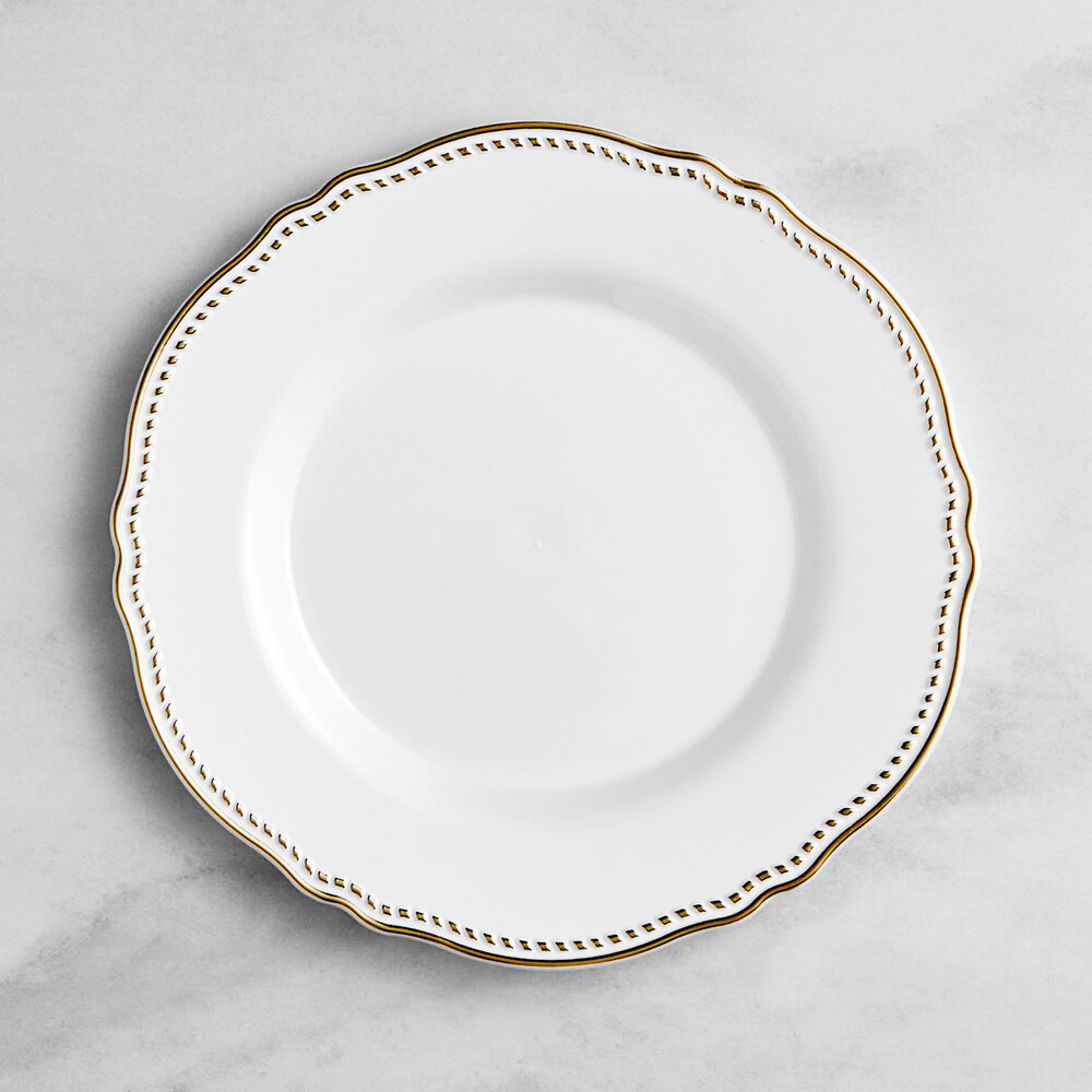 Visions Heirloom 7 1/2" White Round Plastic Plate with Gold Vintage Rim - 12/Sample